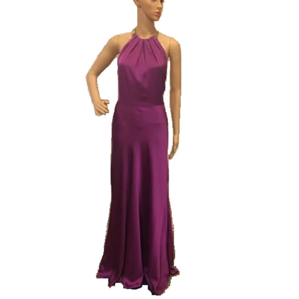 Marciano Backless Plum Satin Gown Gold Choker Halter Necklace Black Tie Formal 0